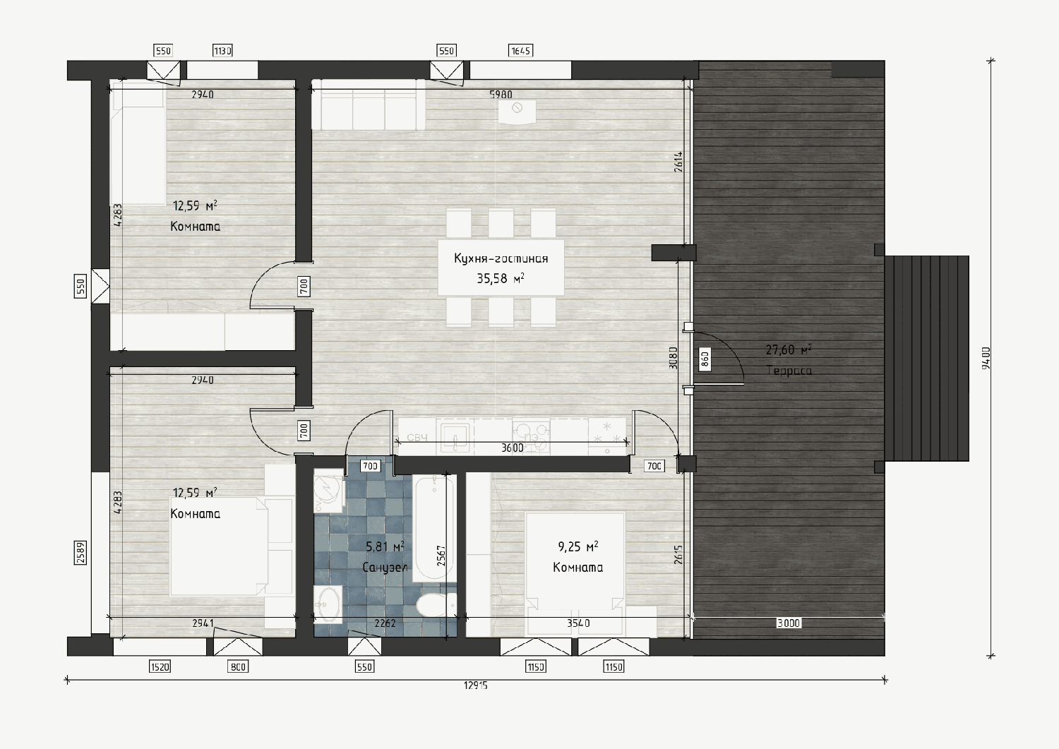 Планировка BlagoBarn 77 — вариант 1